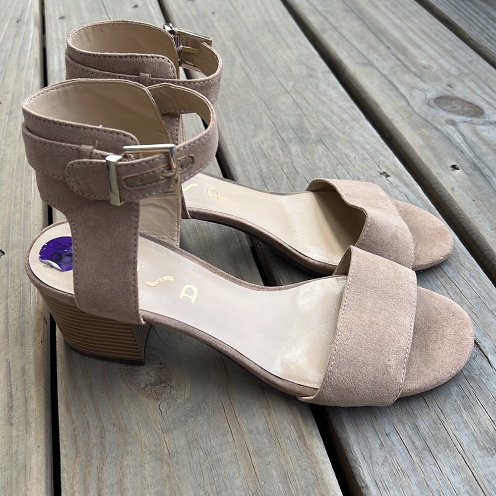 Unisa Taupe Suede Ankle-Strap Block Heel Sandals - Picture 2 of 5